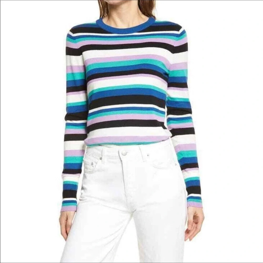 Halogen Freya Striped Crewneck Sweater XS Blue White Purple Button Long Sleeve